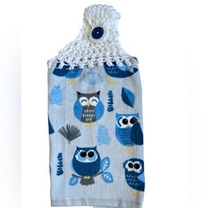 Hand Crafted Blue and White Owl Hanging Kitchen Hand Towel Crochet Top